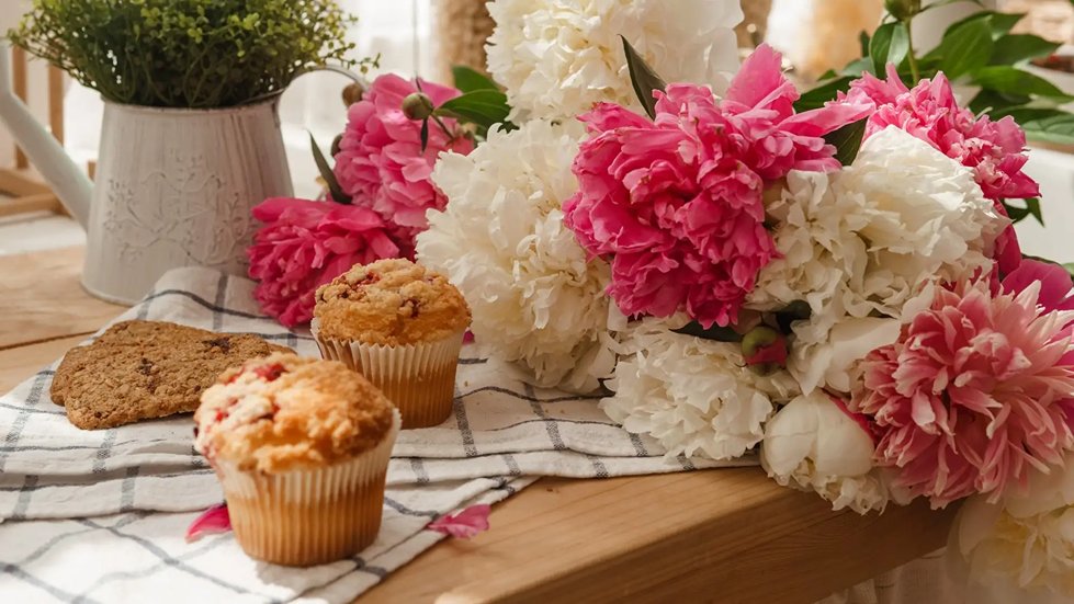Pink and white flowers on a table with Muffins and cookies infront