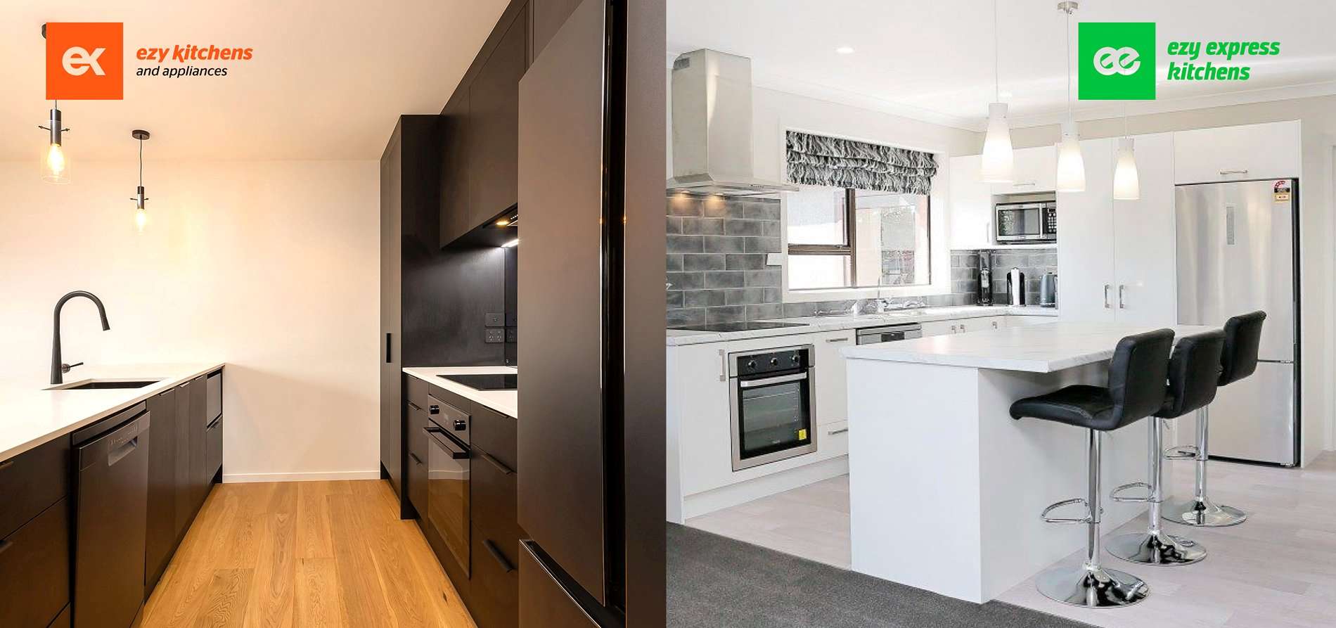One dark Ezy kitchen and one light Express kitchen