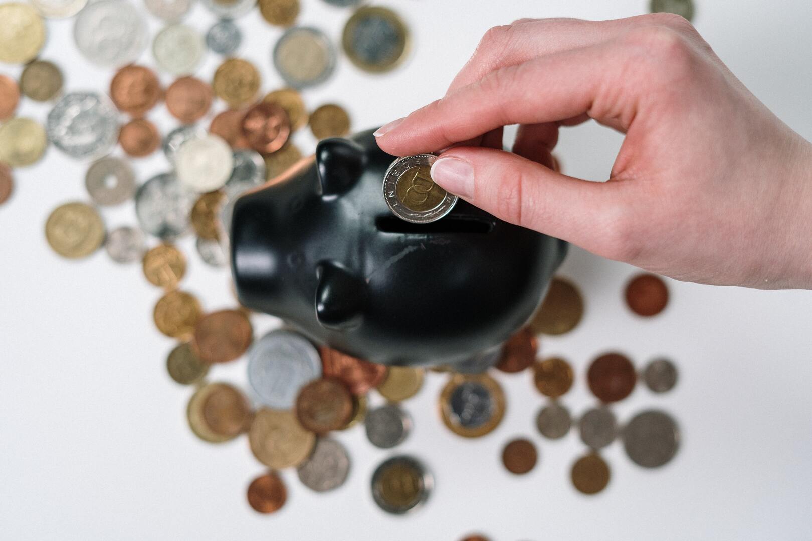 Coins going into a piggy bank